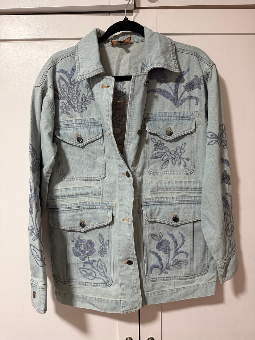 Johnny Was Light Wash Denim Jacket with Blue Embroidered Floral Motif